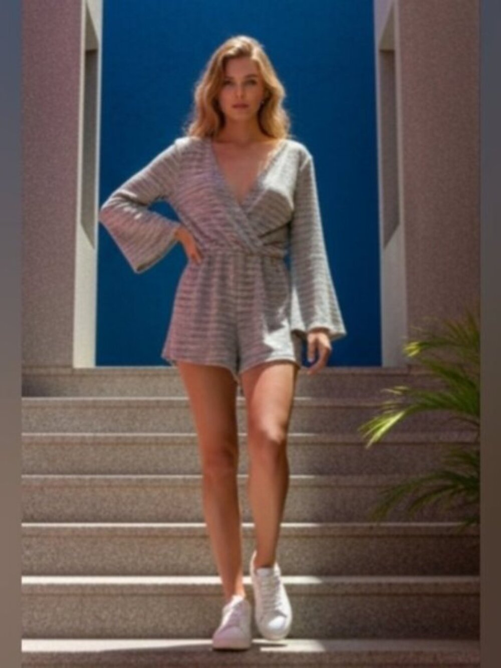 Astars SZ S Retro Romper Blue & Green Deep V-Neck Bell Sleeves Lined W/Pockets